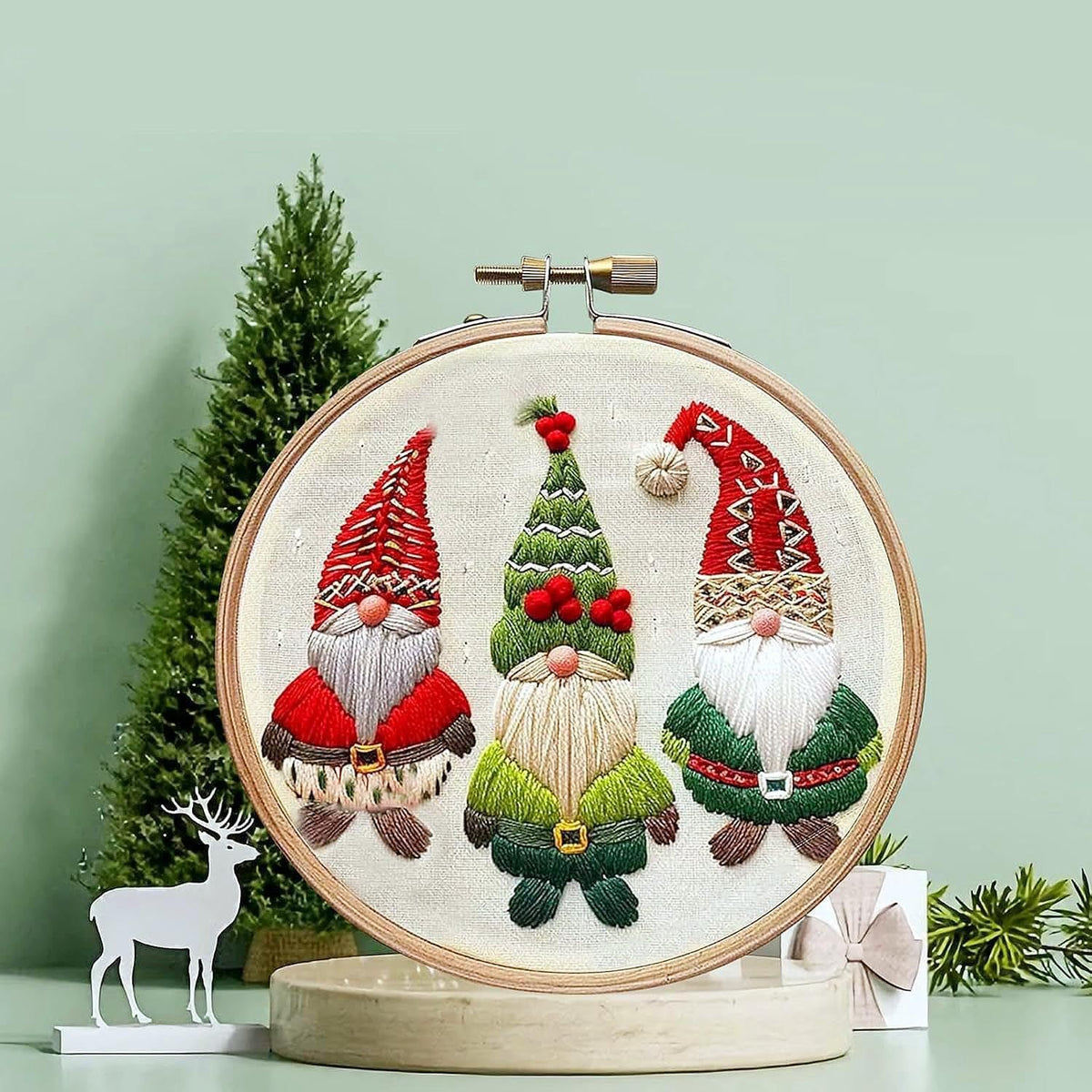 Pickup truck Christmas embroidery design on a woven linen ground