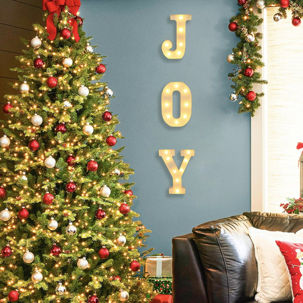 White finish version of the three piece Christmas Joy letter light set