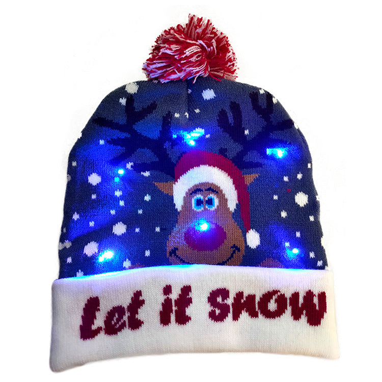 Small LED lights set into the knitted fabric of the Christmas hat