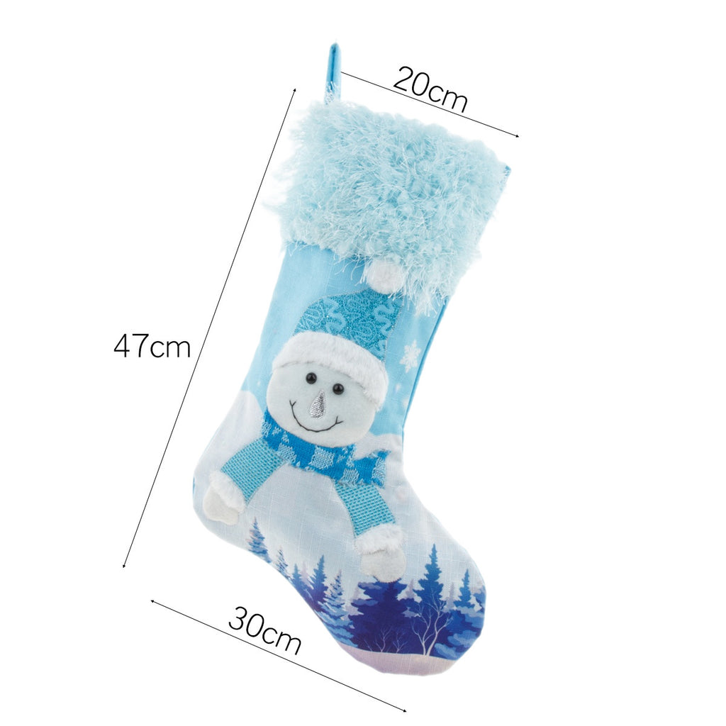 Plush polyester surface of the blue Christmas stocking with full width printing