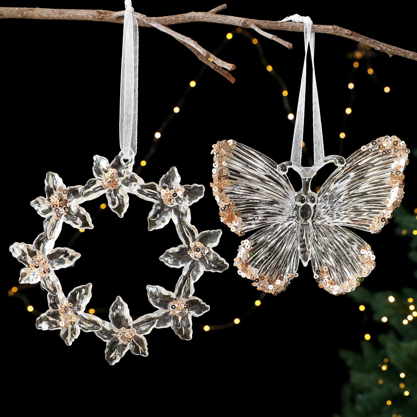 Five petal garland acrylic Christmas ornament with a clear sequin finish