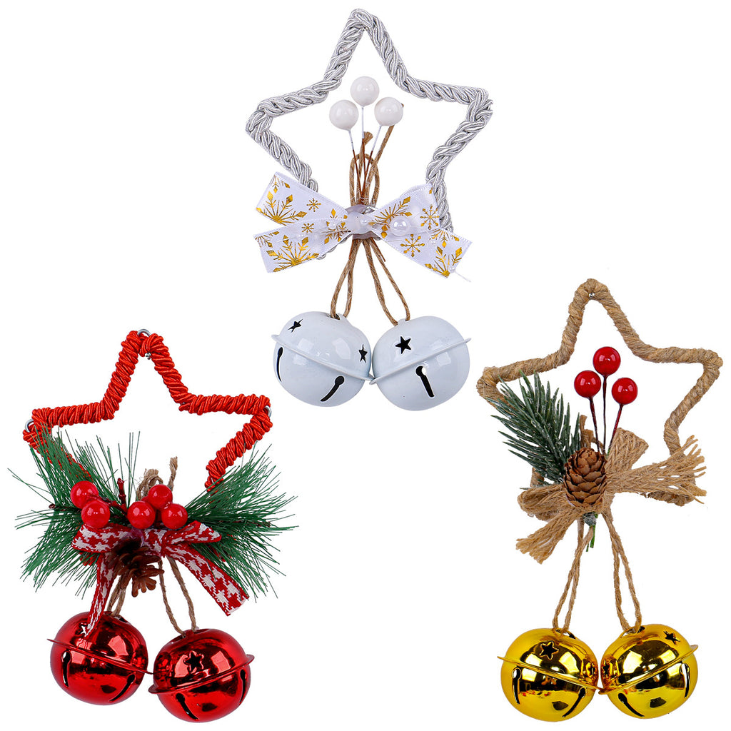 Open wire frame star ornament with a metal bell at the base