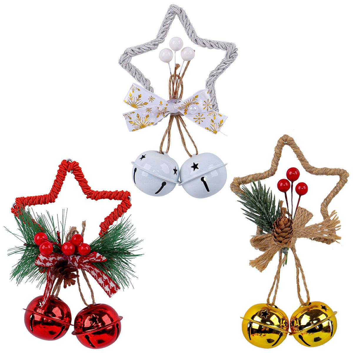 Open wire frame star ornament with a metal bell at the base