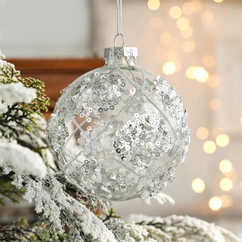 Sequin filling visible through the clear plastic ornament shell