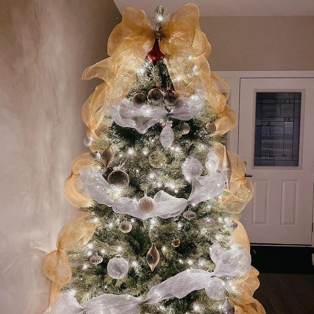 White silver mesh Christmas ribbon in a ten yard roll