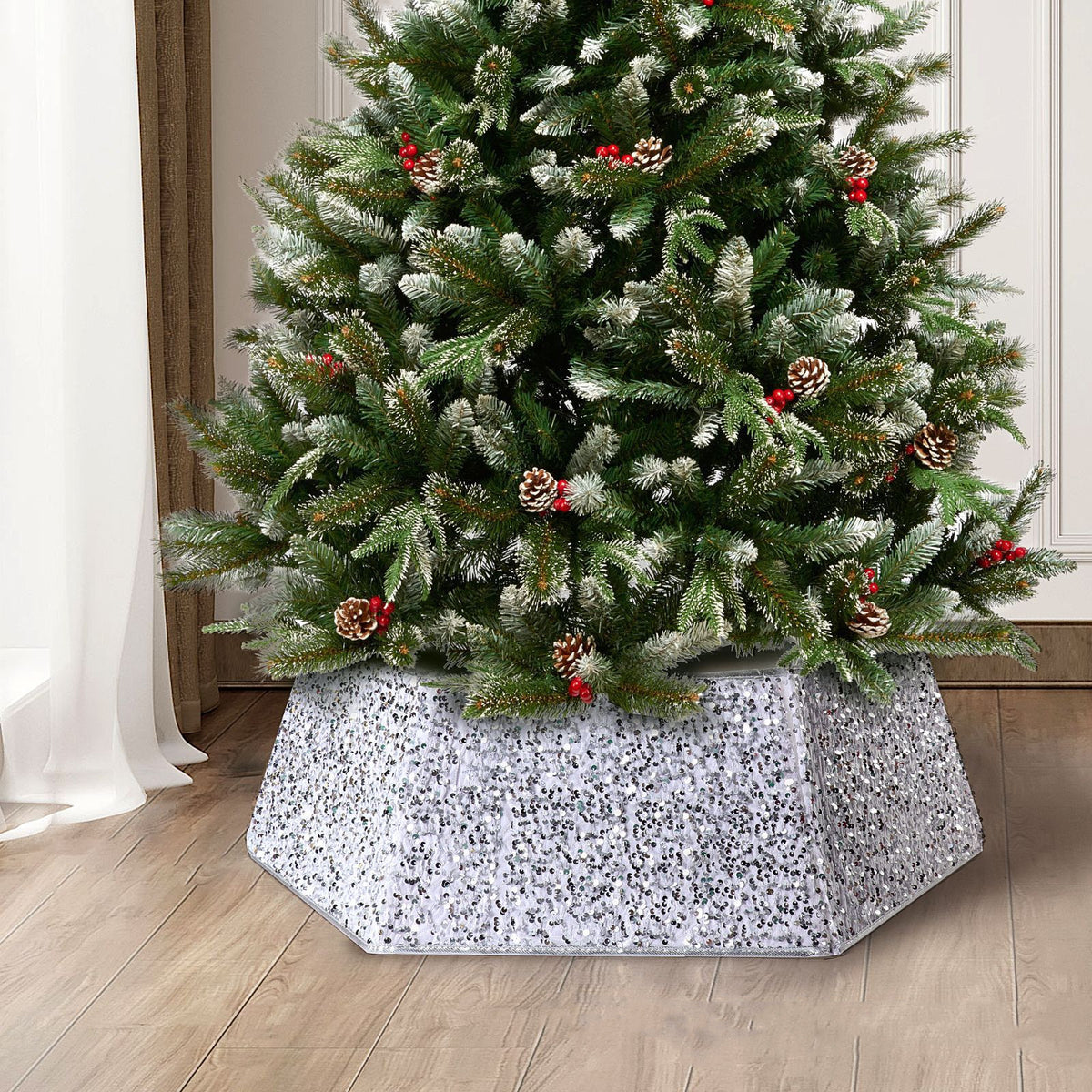 Gold sequin Christmas tree skirt with a light catching stitched surface