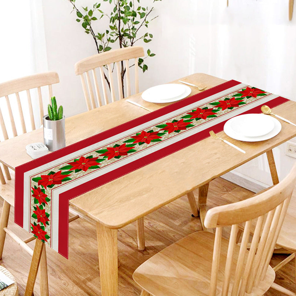 Stitched hem finishing the edge of the polyester Christmas table runner