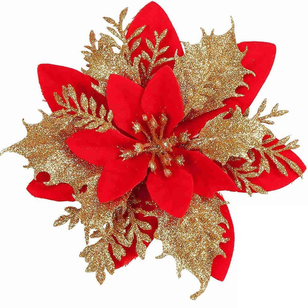 Golden red artificial Christmas flower measuring 5.5 inches across