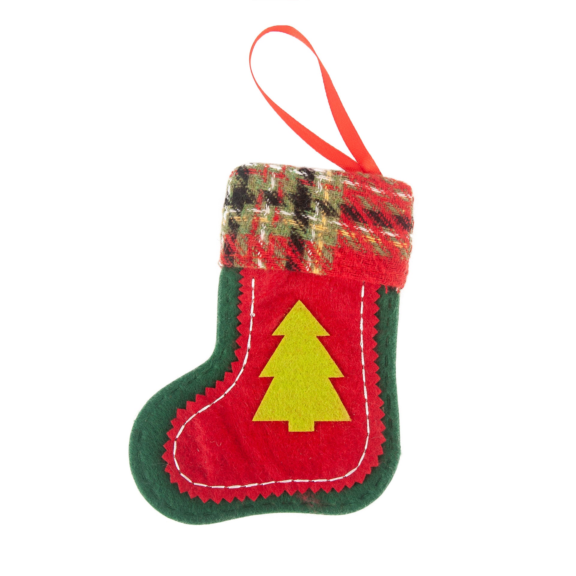 Four mini stocking ornaments cut from soft felted non woven fabric