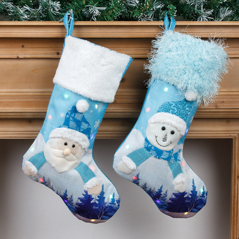 Snowman design blue plush Christmas stocking, 18.5 by 11.8 inches