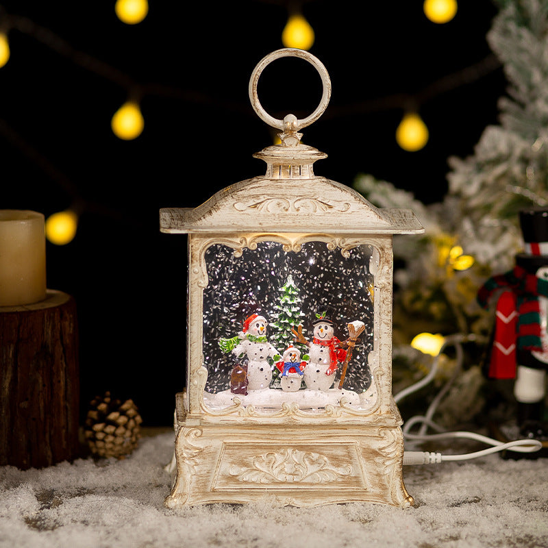 White retro snowman design of the crystal ball music box