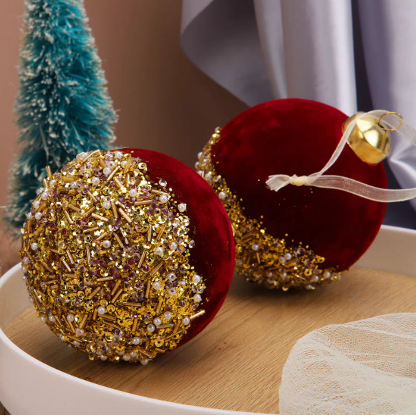 Set of four burgundy flocked baubles, the multi pack option