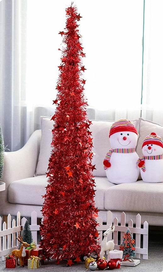 Collapsible Christmas tree folded down with the telescopic center pole retracted