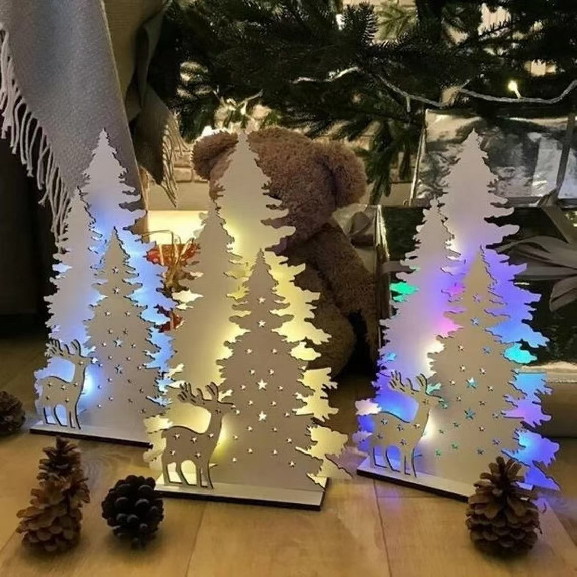 Multicolor light version of the lit wooden Christmas ornament