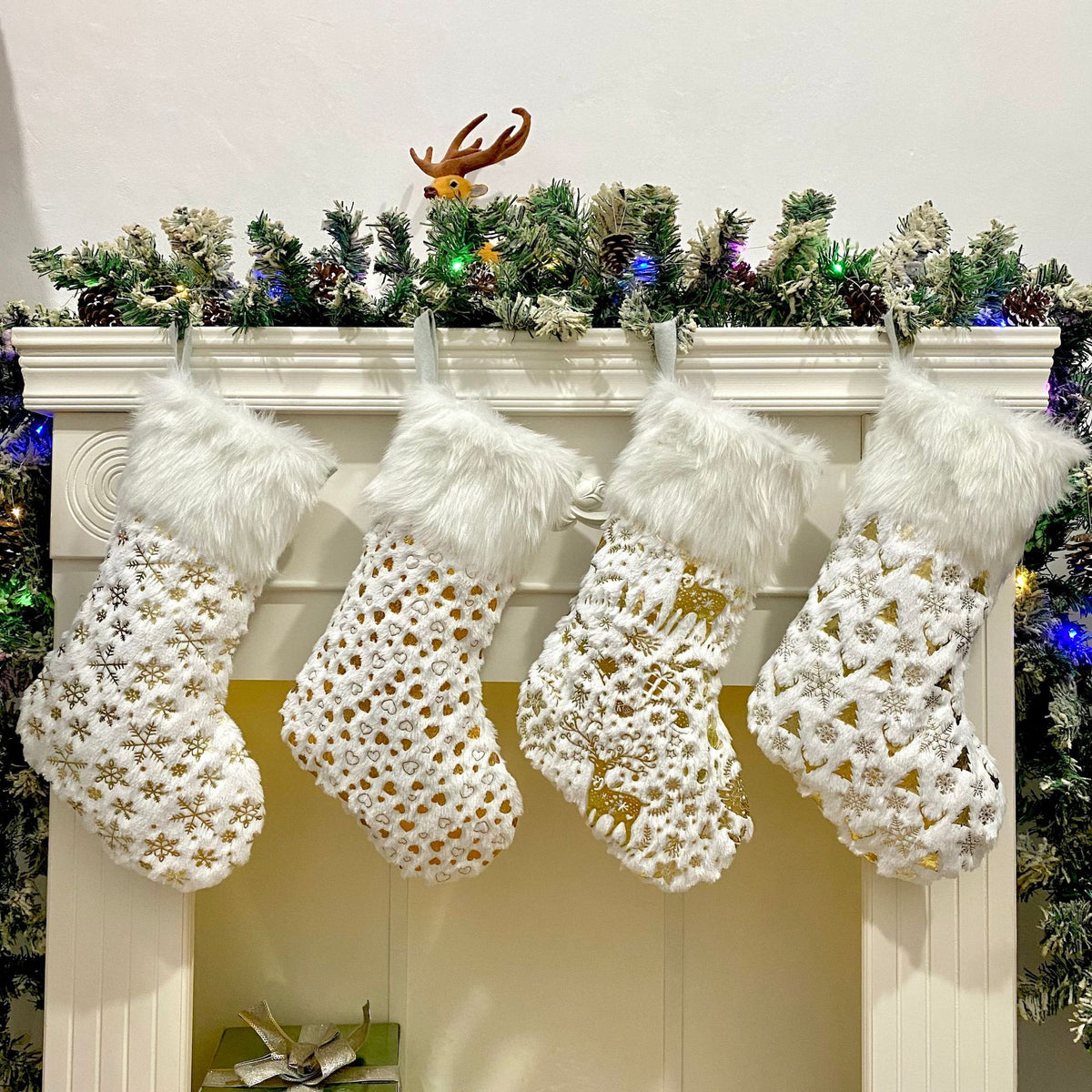 Gilded plush Christmas stocking measuring 17.7 inches from cuff to toe