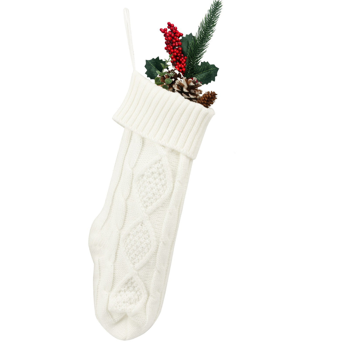 Christmas stocking offered in red, green, white and gray knit acrylic