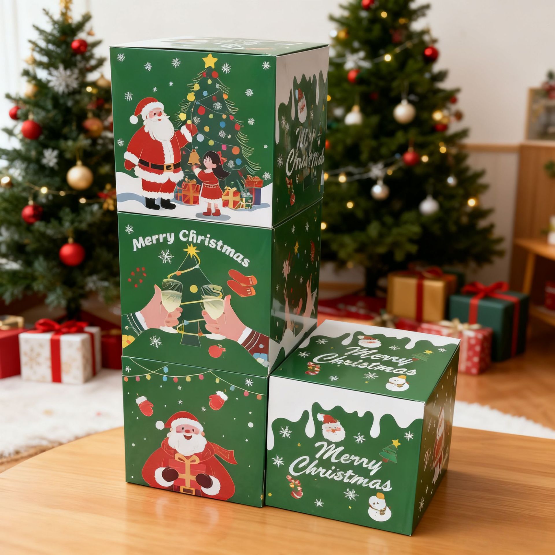 Single green Christmas gift box measuring 9.8 by 9.8 inches