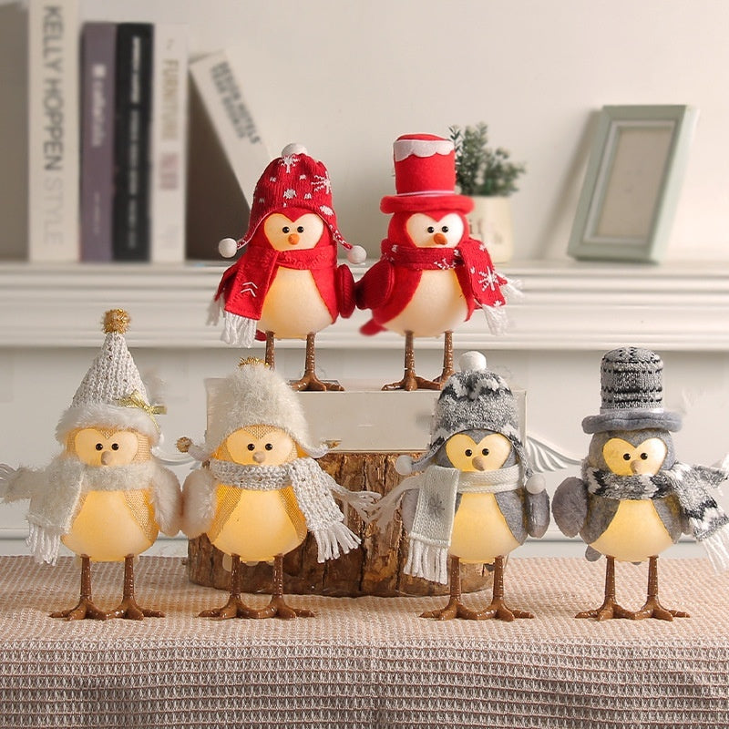 Soft polyester Christmas bird ornament made to sit on a table